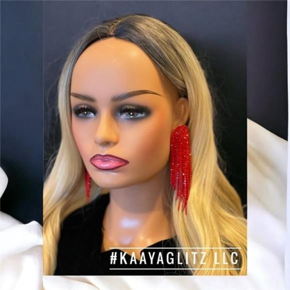 Red Rhinestone Tassel Dangle Earrings Wide Long Red Bridal Jewelry Prom Jewelry - Picture 3 of 4